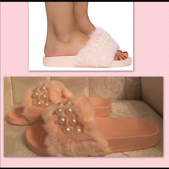 PEARL FURRY PINK EMBELLISHED SLIDE - Picture 4 of 6